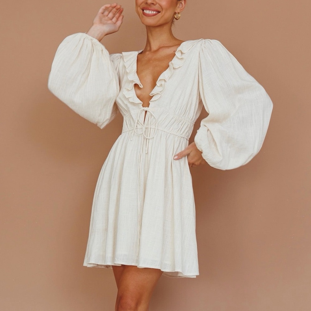 Mika & Gala Balloon Sleeve Ruffle Mini Dress - Oat